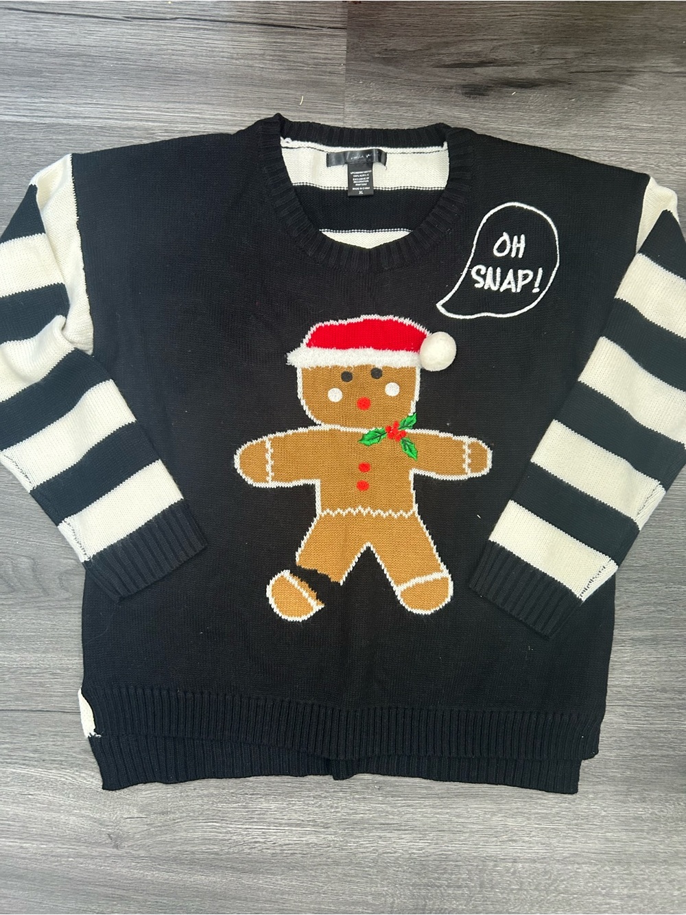 Black Holiday Gingerbread Sweater with Stripe Sleeves - Men